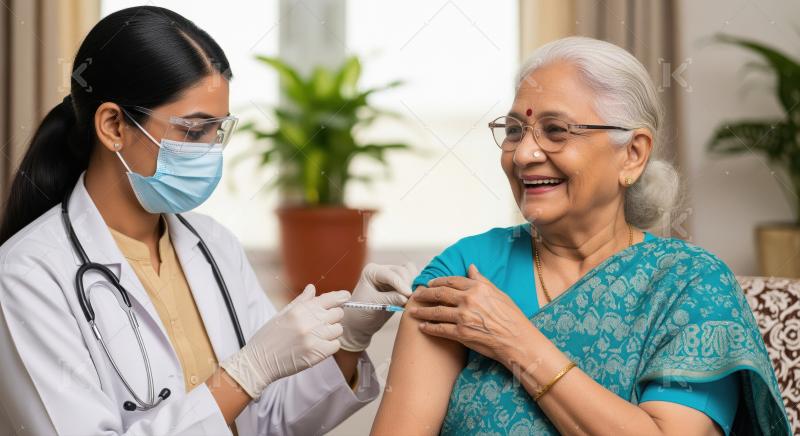 A female doctor in a white coat gives a vaccine injection to an