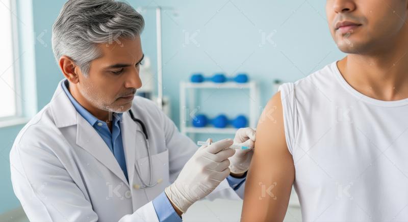 A doctor with grey hair gives a vaccination injection to a young