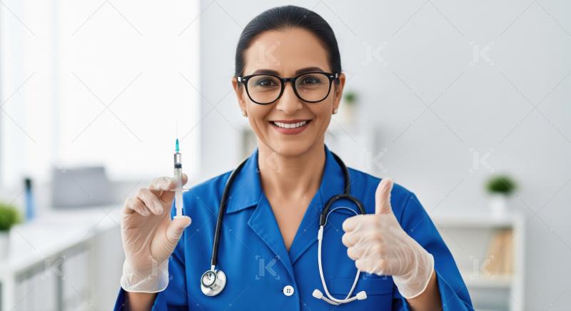 A confident female doctor wearing a white coat and blue gloves h