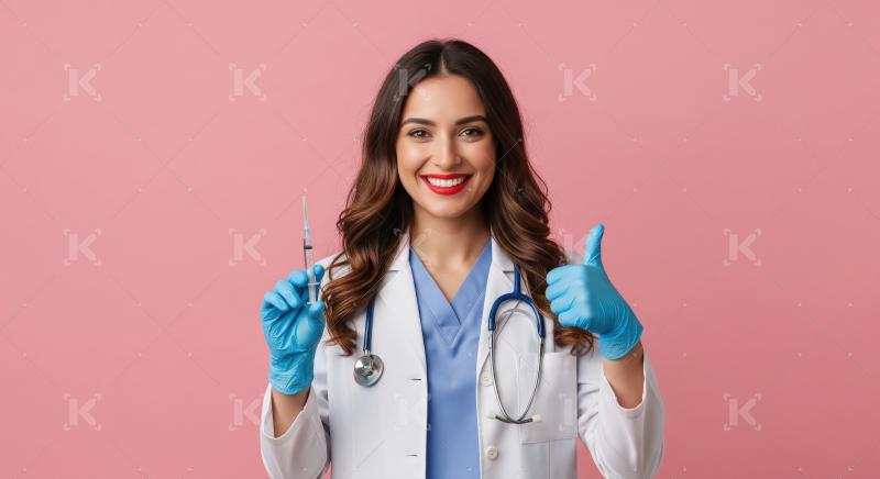 A confident female doctor wearing a white coat and blue gloves h