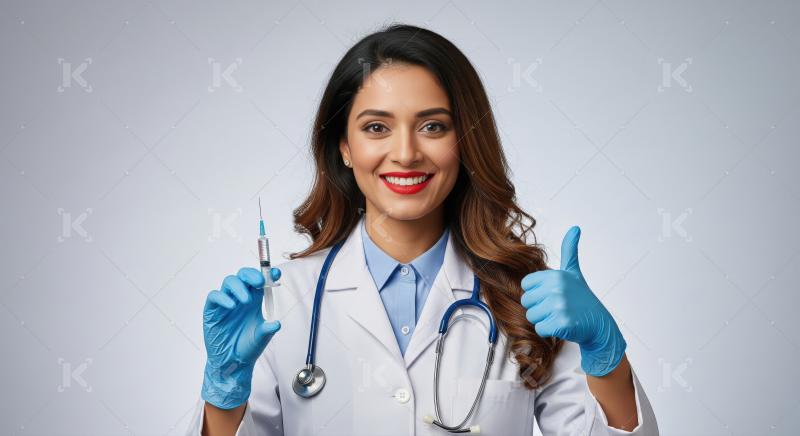A confident female doctor wearing a white coat and blue gloves h