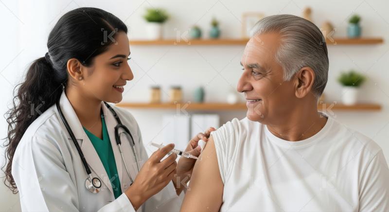 A female doctor in a white coat carefully administers a vaccinat