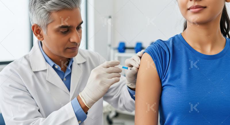 A doctor with grey hair gives a vaccination injection to a young