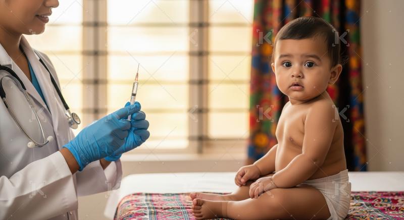 A female doctor prepares a syringe for vaccination while a baby