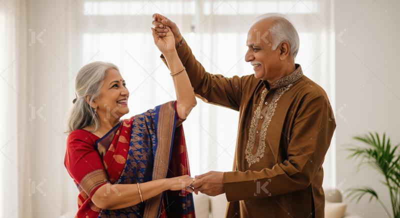 Elderly Indian couple dances gracefully in their living room, dr
