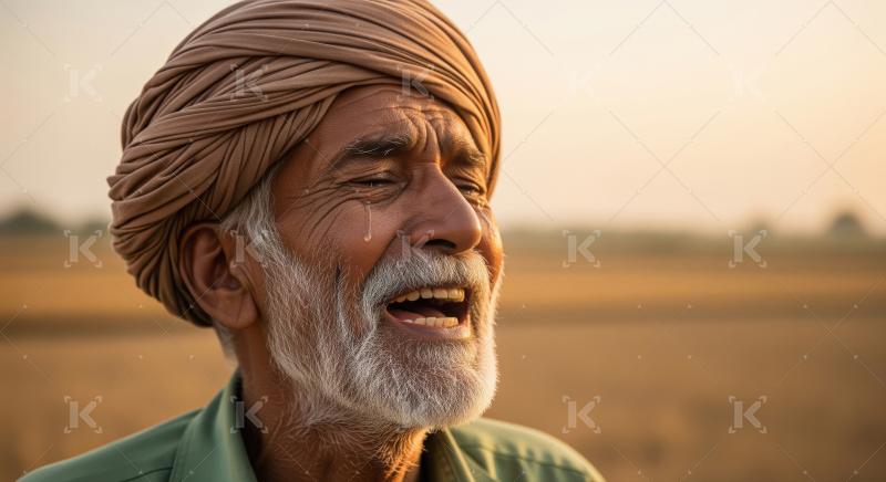 An elderly Indian farmer wearing a brown turban stands in an ope