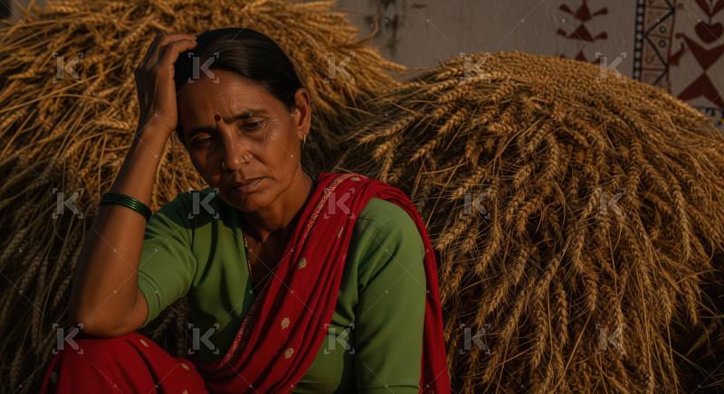 A rural Indian woman sits beside harvested wheat stacks, reflect