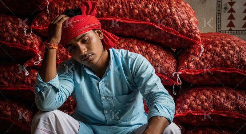 A young Indian male farmer sits pensively in front of large onio