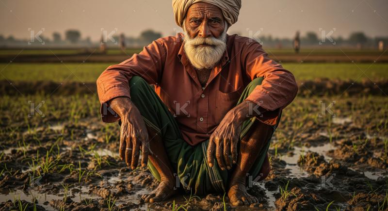An elderly Indian farmer with weathered hands sits in a muddy fi