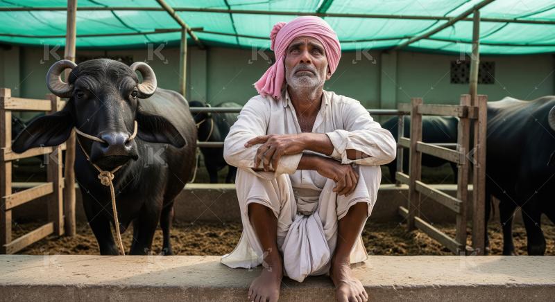 A rural Indian farmer in traditional attire sits in a cattle she