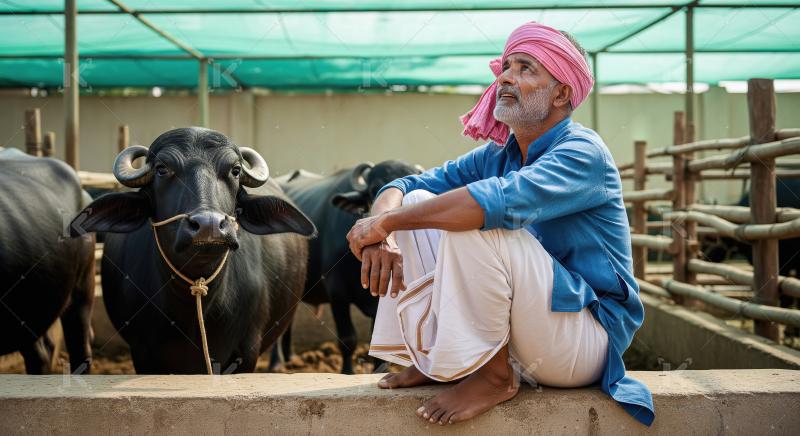A rural Indian farmer in traditional attire sits in a cattle she