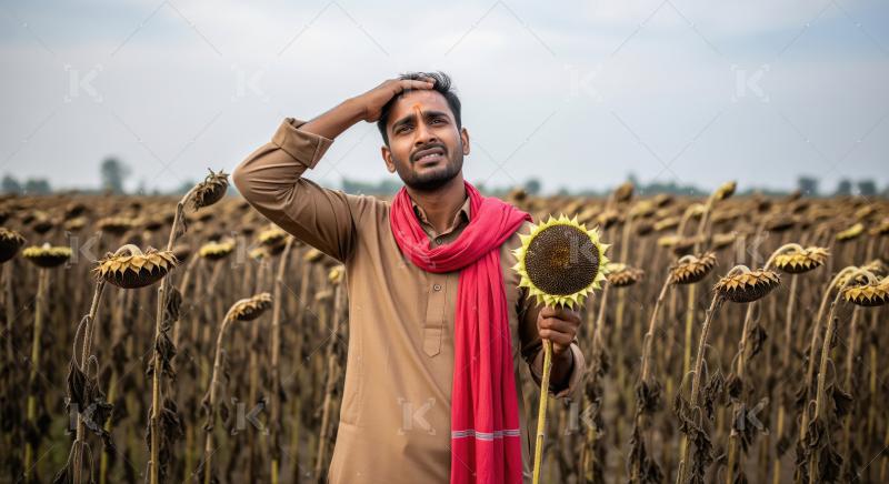 A young Indian man in a brown kurta and pink scarf stands in a d