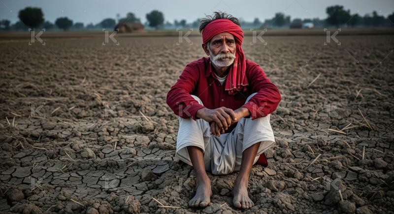 Indian farmer sitting in the stress at agriculture field waiting