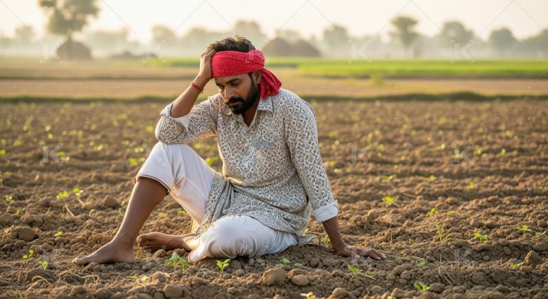 Indian farmer sitting in the stress at agriculture field waiting