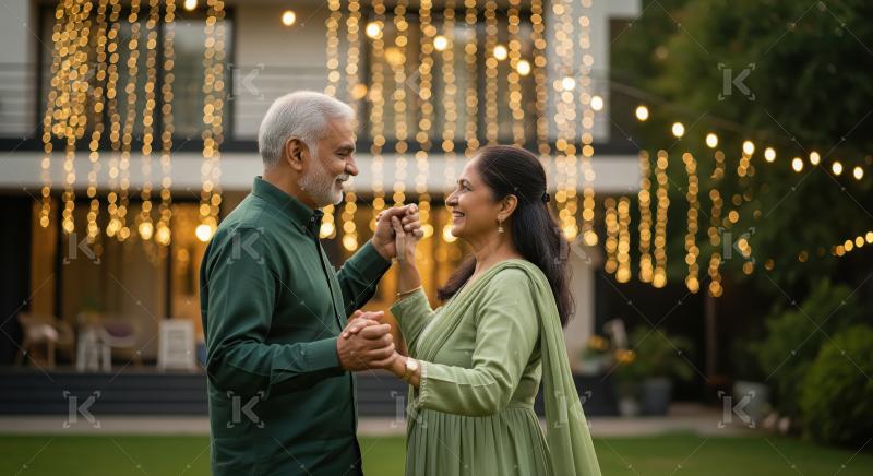 An elderly couple in matching green outfits dances joyfully outs