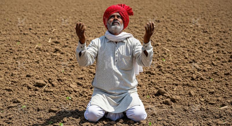 Indian farmer sitting in the stress at agriculture field waiting