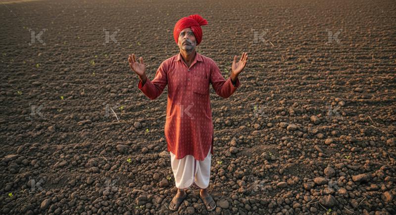Indian farmer sitting in the stress at agriculture field waiting