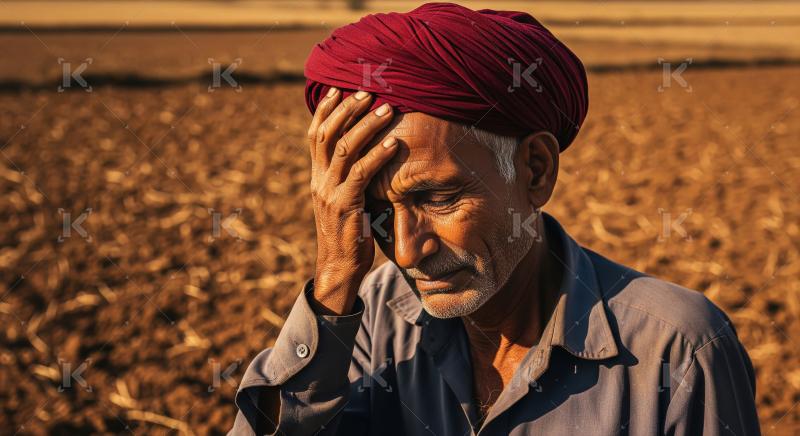 Indian farmer sitting in the stress at agriculture field waiting