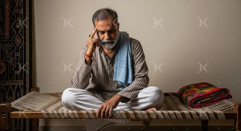 Indian farmer in stress sitting at home