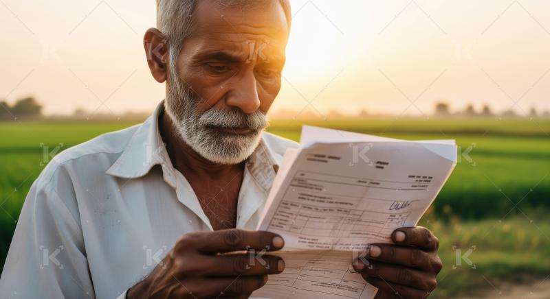 An elderly farmer stands in a green field at sunset, attentively