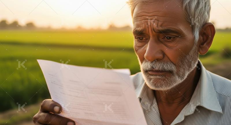 An elderly farmer stands in a green field at sunset, attentively