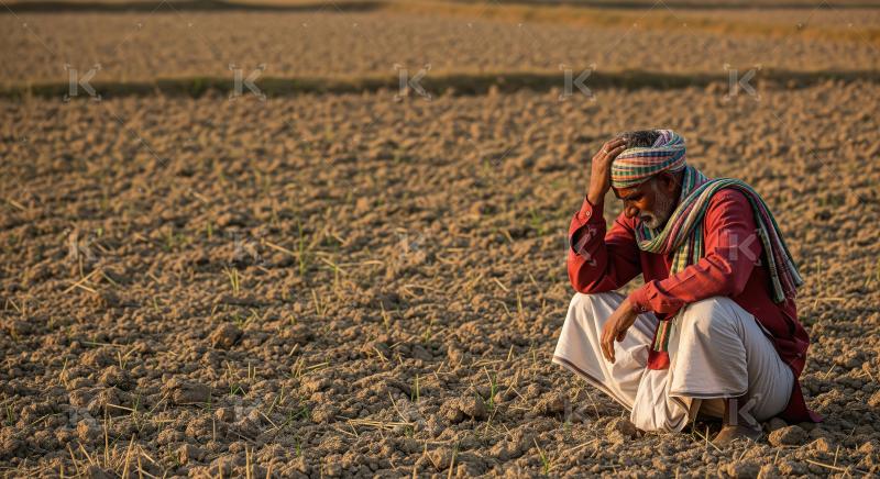 Indian farmer sitting in the stress at agriculture field waiting