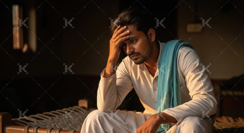 Indian farmer in stress sitting at home