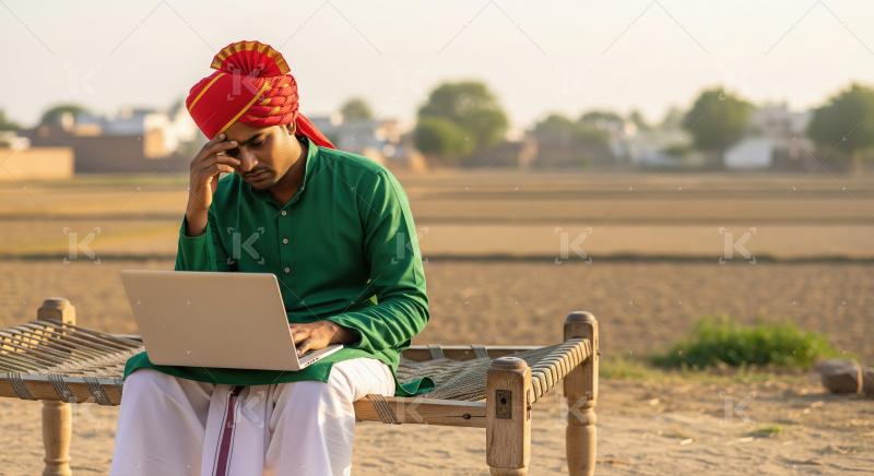A young Indian man in a green kurta and red turban uses a laptop