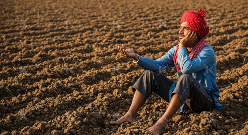Indian farmer sitting in the stress at agriculture field waiting