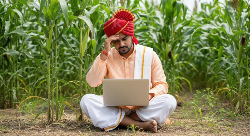 A young Indian man in a green kurta and red turban uses a laptop