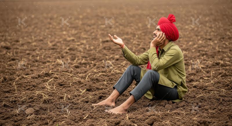 Indian farmer sitting in the stress at agriculture field waiting