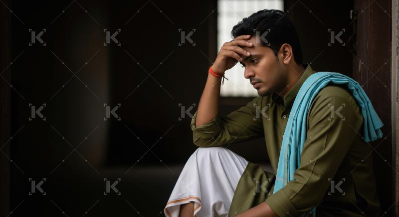 Indian farmer sitting in the stress at agriculture field waiting