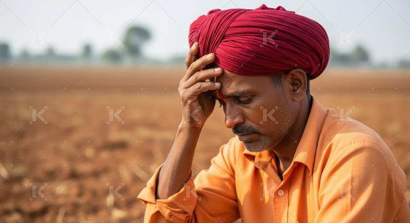 Indian farmer sitting in the stress at agriculture field waiting
