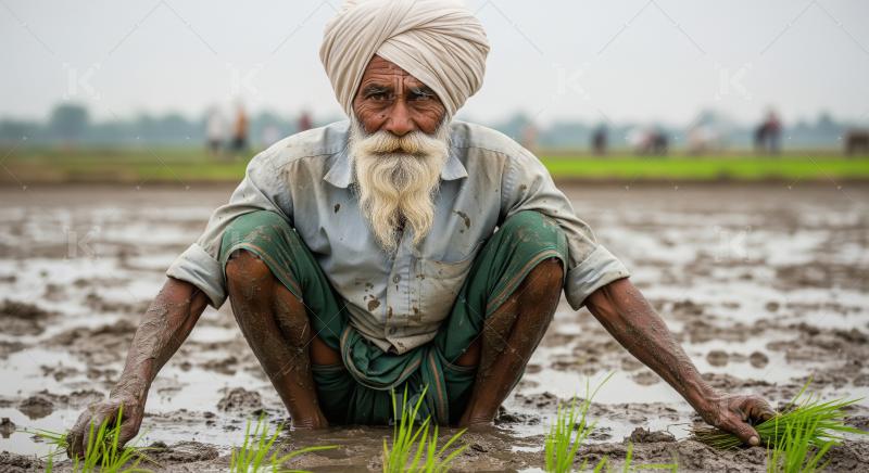 An elderly Indian farmer with weathered hands sits in a muddy fi