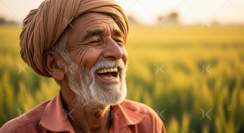 An elderly Indian farmer in a brown turban and rust shirt stands
