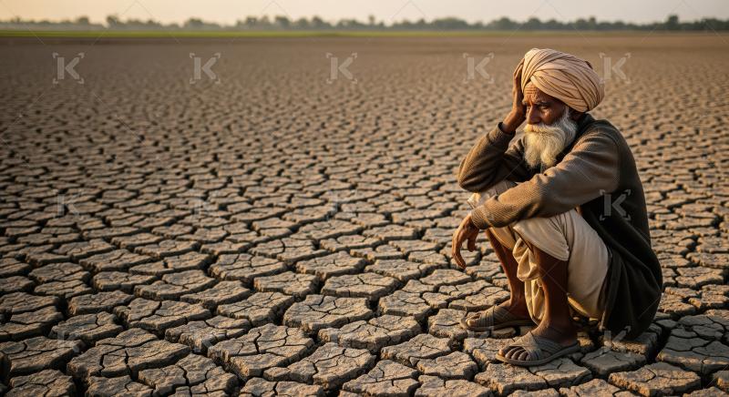 Elderly farmer sits pensively on cracked barren land, symbolizin