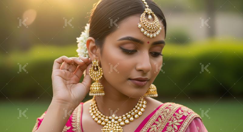 Young Indian woman in traditional jewelry and attire stands outd