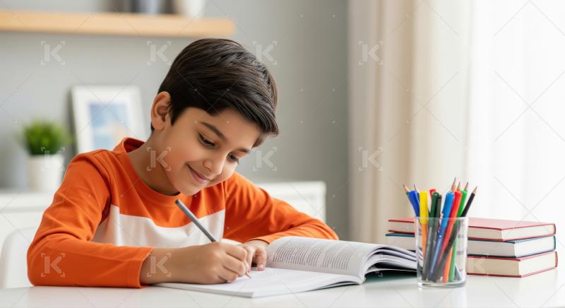 A little boy is sitting at a desk, attentively writing in a note