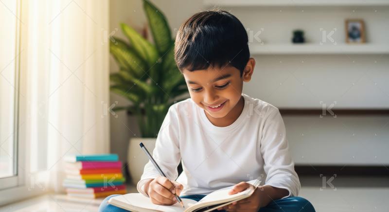 A young boy in a white shirt is sitting on the floor, studying a