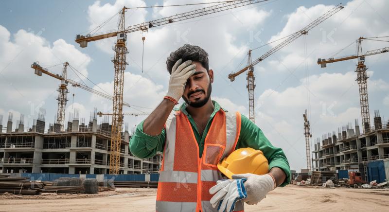 A construction worker in stress while wearing safety vest holdin