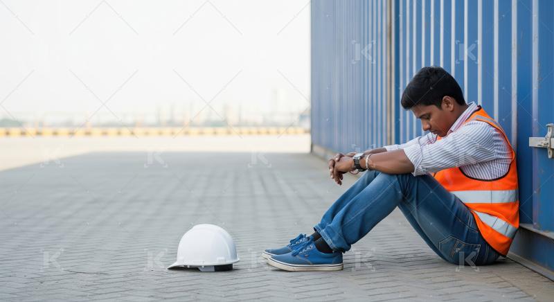 A construction worker sits on the ground beside a blue container