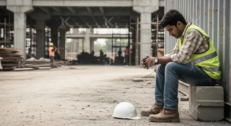 A construction worker sits on the ground beside a blue container