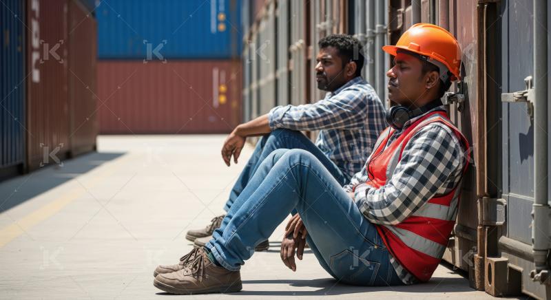 Two workers in checkered shirts and jeans sit on the ground, res