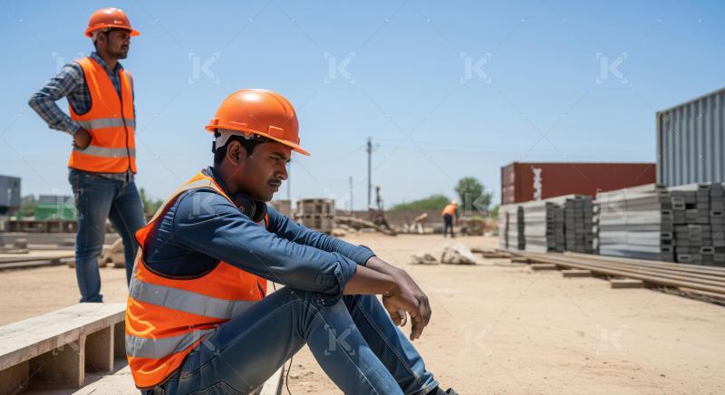 Two workers in checkered shirts and jeans sit on the ground, res