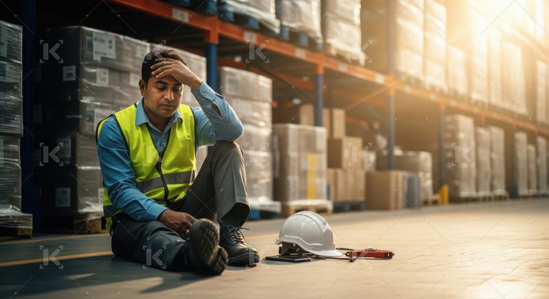 A warehouse worker in a safety vest sits on the floor looking st