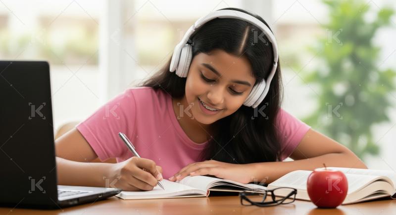 A girl in a pink shirt is studying at a desk with headphones on,