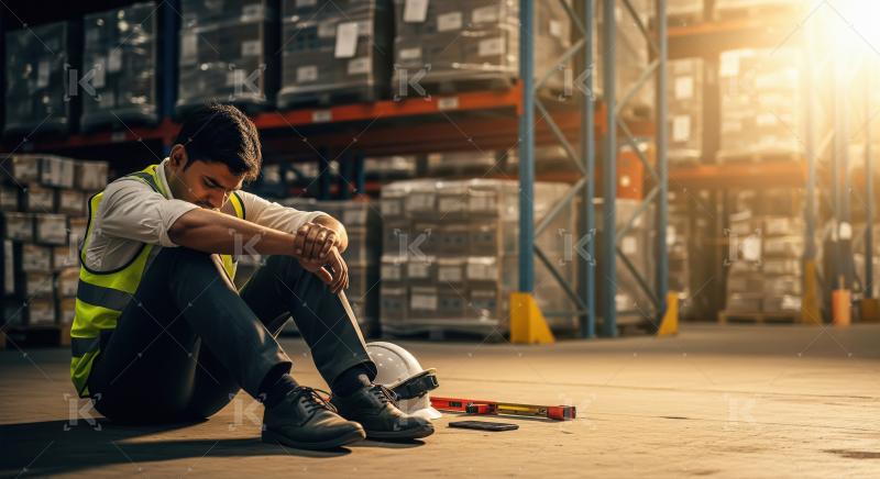 A warehouse worker in a safety vest sits on the floor looking st
