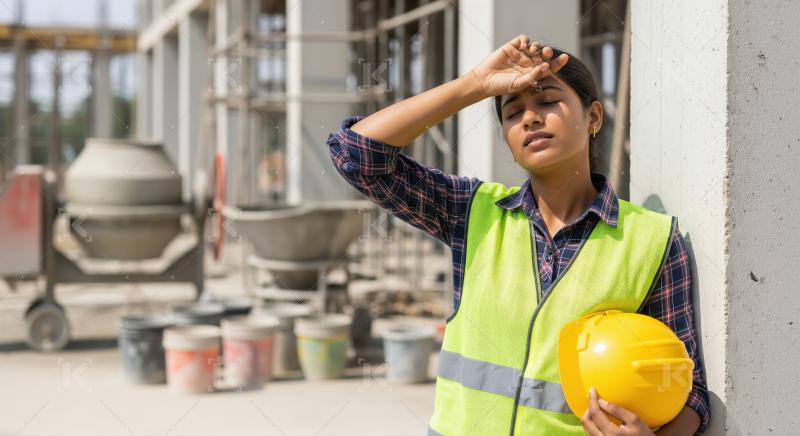 A female construction worker in safety gear sits on the ground,