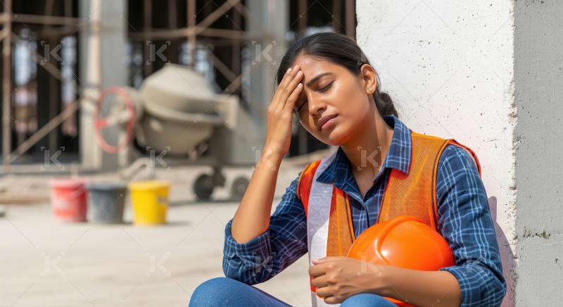 A female construction worker in safety gear sits on the ground,
