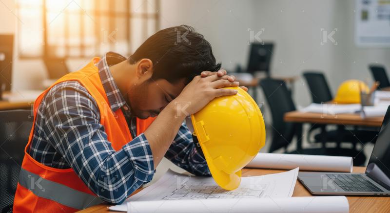 A construction worker in a safety vest sits tiredly on the groun